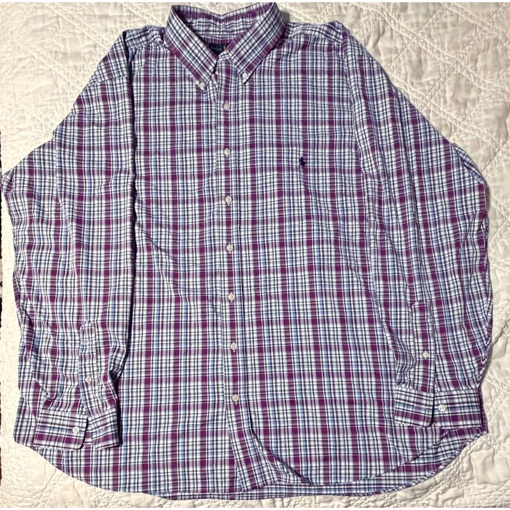 Polo Ralph Lauren Button Down Men 2XB Purple Plaid Performance Long Sleeve Shirt